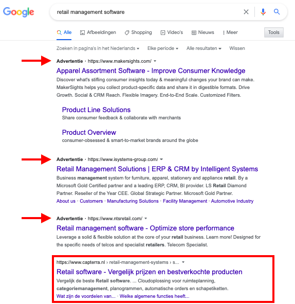 Advertenties staan boven de organische zoekresultaten