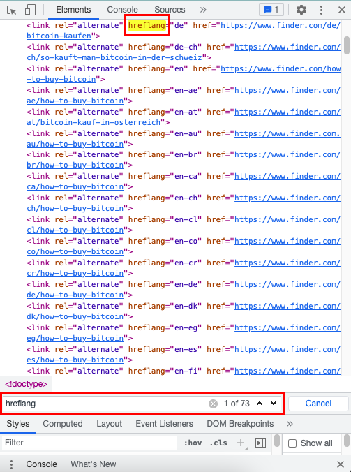 Developers Console voor het vinden van hreflang tags