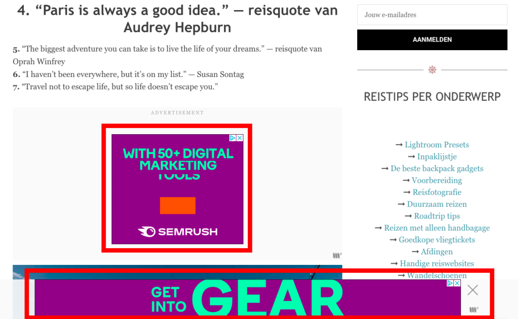 Display ads op een reisblog