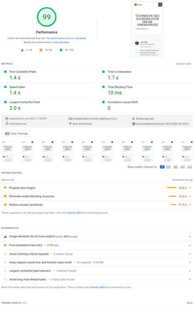 Google Core Web Vitals Leadi met PageSpeed Insights