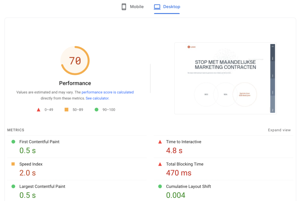 Google PageSpeed Resultaten samenvatting