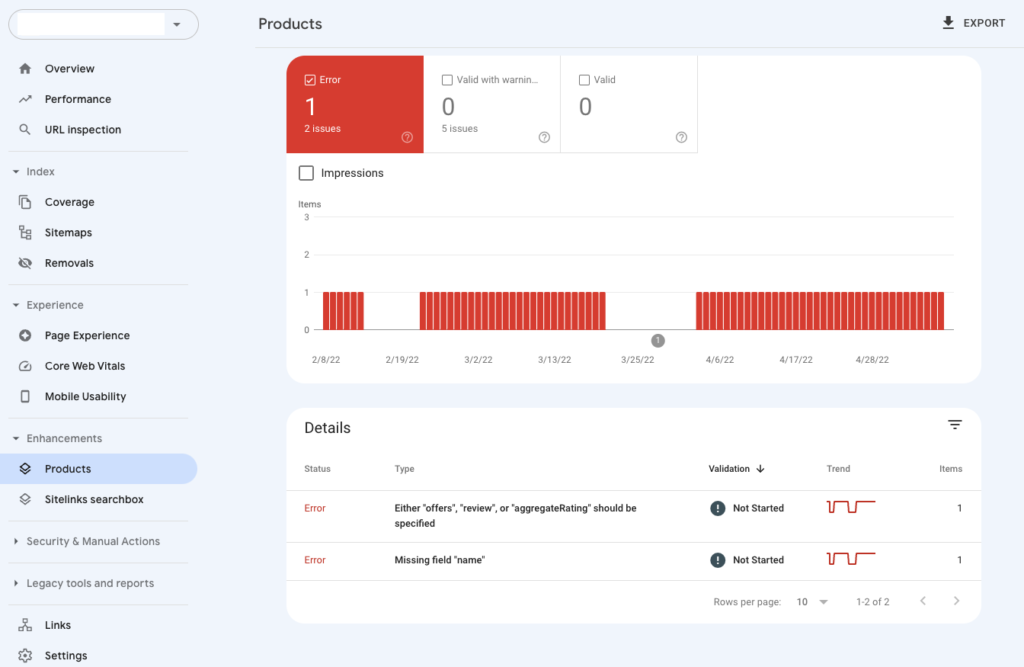 Google Search Console enhancements tab