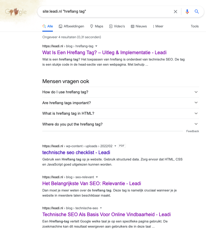 Interne duplicate content op Leadi voor hreflang tag