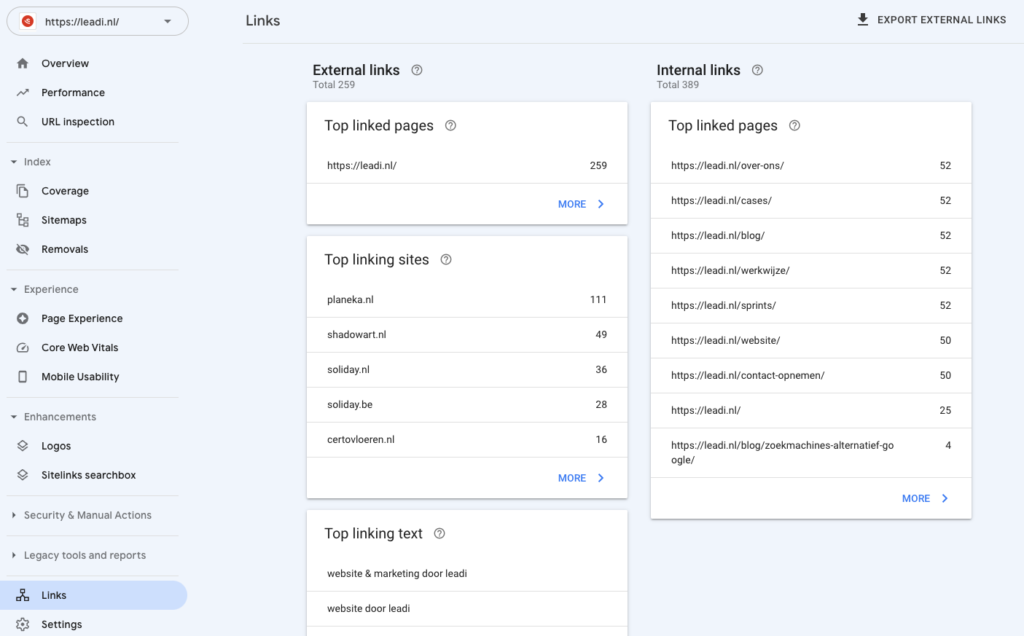 links tabblad Google Search Console