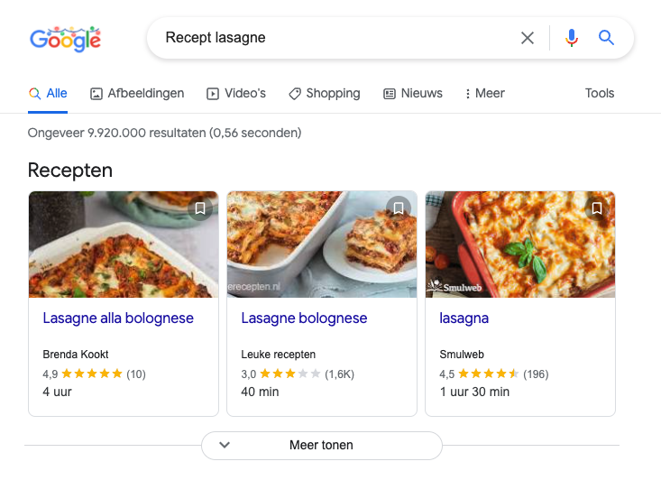 Recept kaarten featured snippets structured data