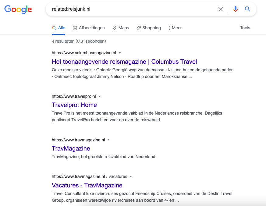 Related Google Search Operator voor reisjunk.nl