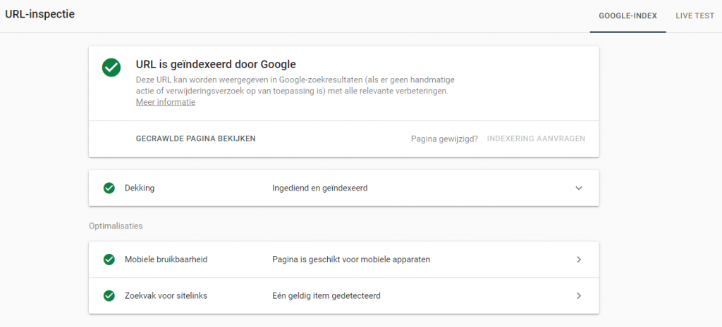 URL indexeren door Google in Google Search Console