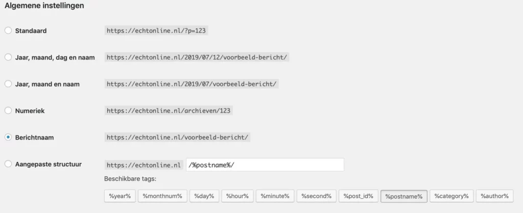 WordPress URL instellingen