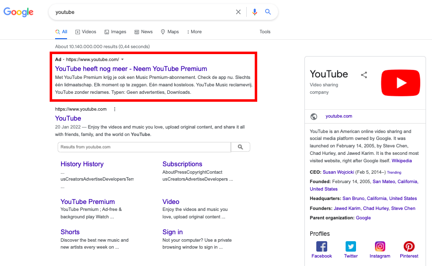 Betaalde advertentie van YouTube