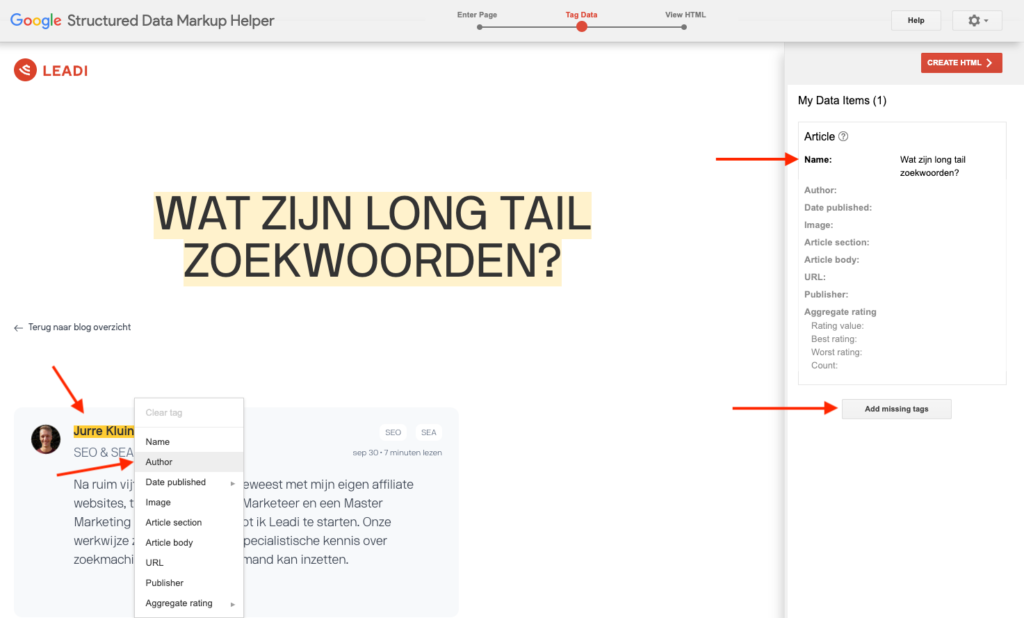 Elementen selecteren en tags invoeren