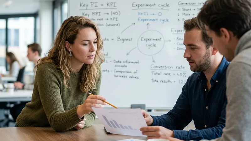 Twee collega's analyseren experiment resultaten en conversiedata bij een whiteboard met de growth marketing experimentcyclus