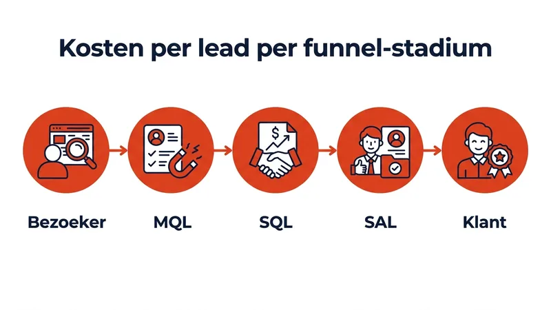 B2B funnel-stadia van bezoeker via MQL, SQL en SAL naar klant, met bijbehorende CPL per stadium