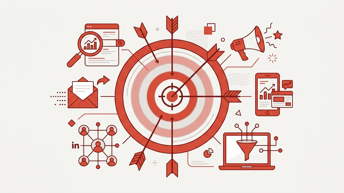 Marketingkanalen voor B2B met SEO, e-mail, social en advertising rond een centraal marketingdoel