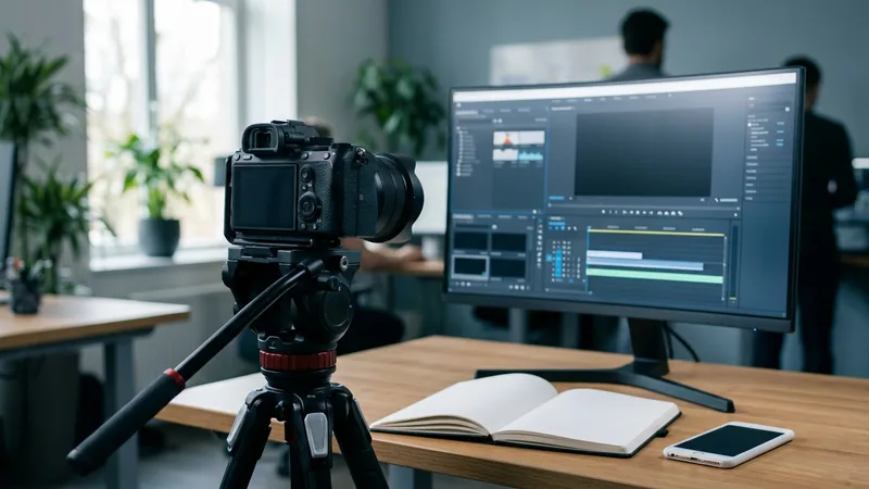 Videoproductie setup met camera en editing software op monitor