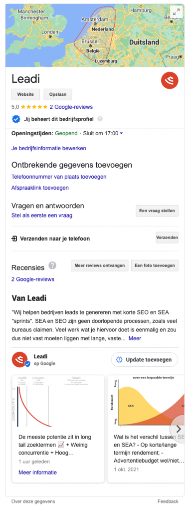 Bedrijfsvermelding leadi in google via google mijn bedrijf